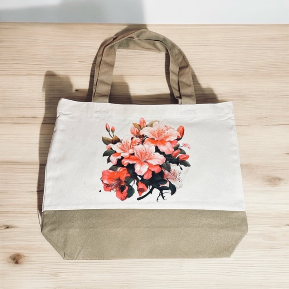 Large Canvas Tote Bag with Pink Floral Bouquet | Hand Pressed | 17”x14” | New - Picture 2 of 4